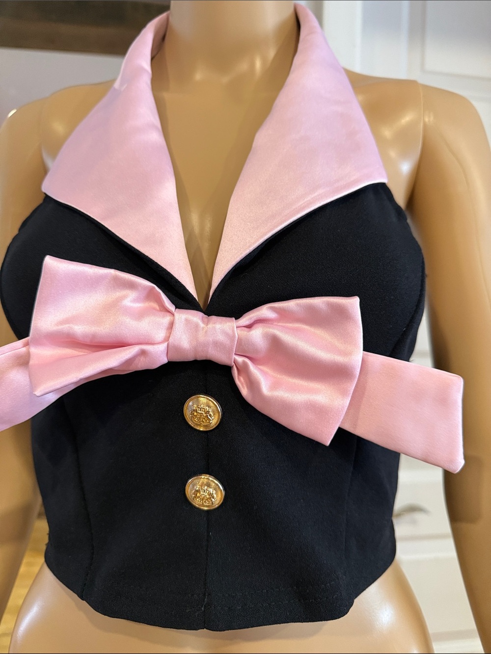 Black Halter Crop Top with Pink Satin Collar & Bow